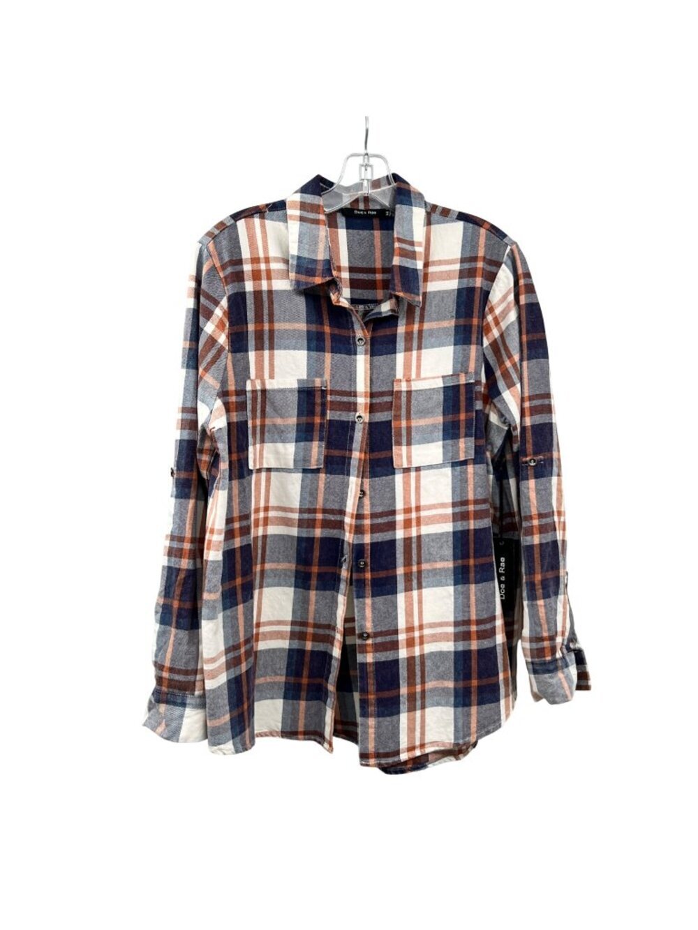 Doe & Rae Womens Plaid Button Up Top Long Roll Tab Sleeve Blue/Multi Medium New